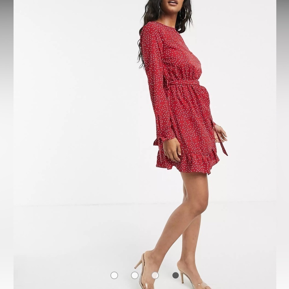 Missguided Long Sleeve Ruffle Hem Red PolkaDot Size 6